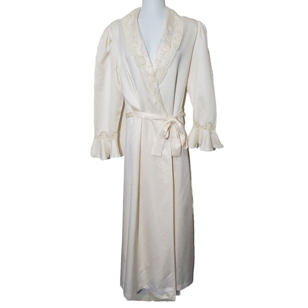 Sara Beth Robe Medium Vintage Long Ivory Floral Lace Embroidered Satin Peignoir
